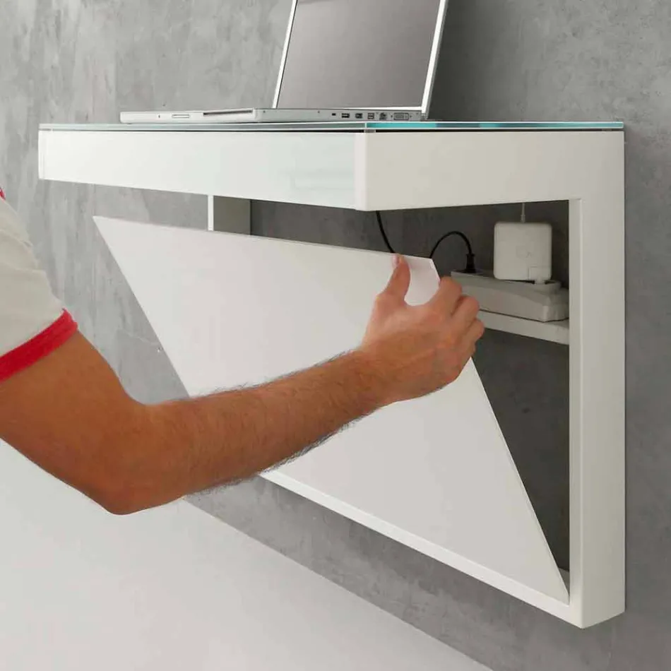 Escritorio suspendido de cristal con estructura metálica Made in Italy - Silicona Viadurini