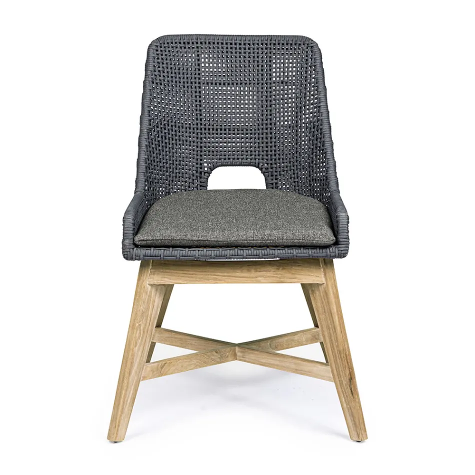 Silla de exterior en cuerda y tela con base de teca, Homemotion 2 piezas - Lesya Viadurini