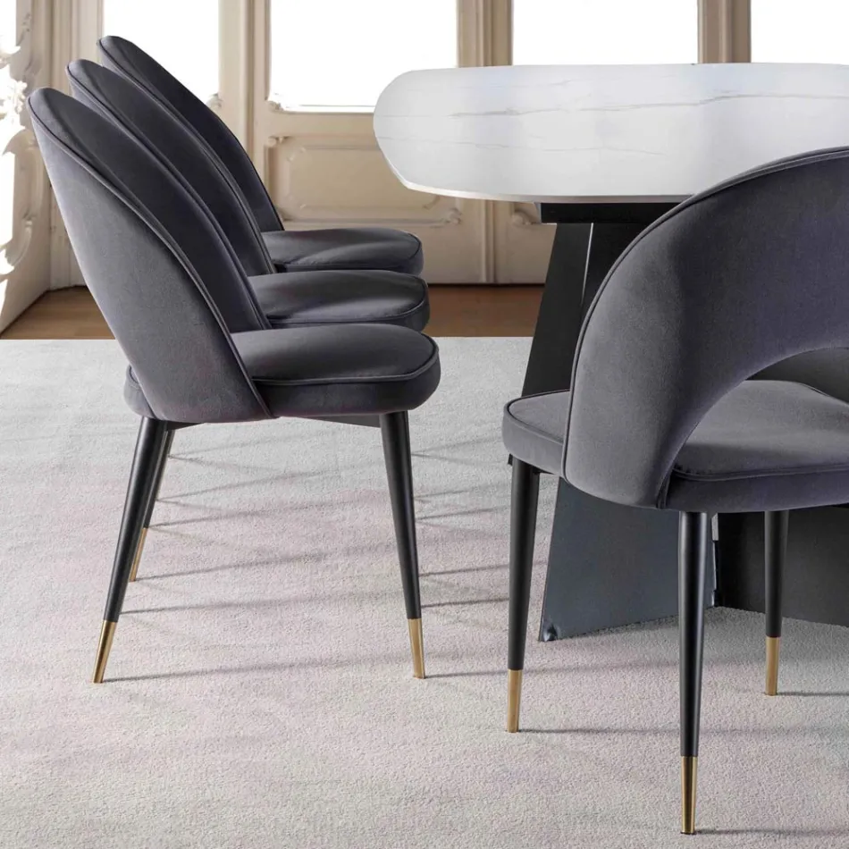 Silla de terciopelo con patas de metal negro y latón satinado, 4 piezas - Sibea Viadurini