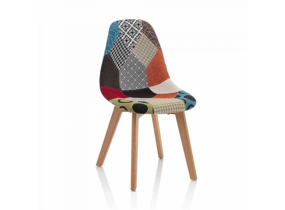 Silla moderna de tela patchwork con patas de madera, 4 piezas - Selena Viadurini
