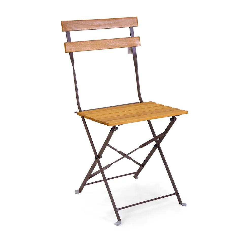 Silla plegable de metal con asiento y respaldo de madera de acacia - Estate Viadurini