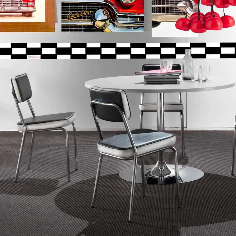 Silla estilo años 50 en piel sintética grafiti y borde blanco Unica Viadurini