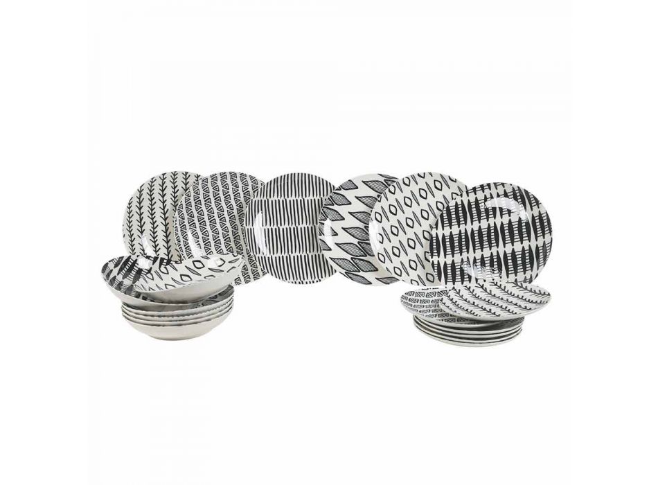 Juego de vajilla de porcelana en blanco y negro de diseño elegante, 18 piezas - Tanzania Viadurini