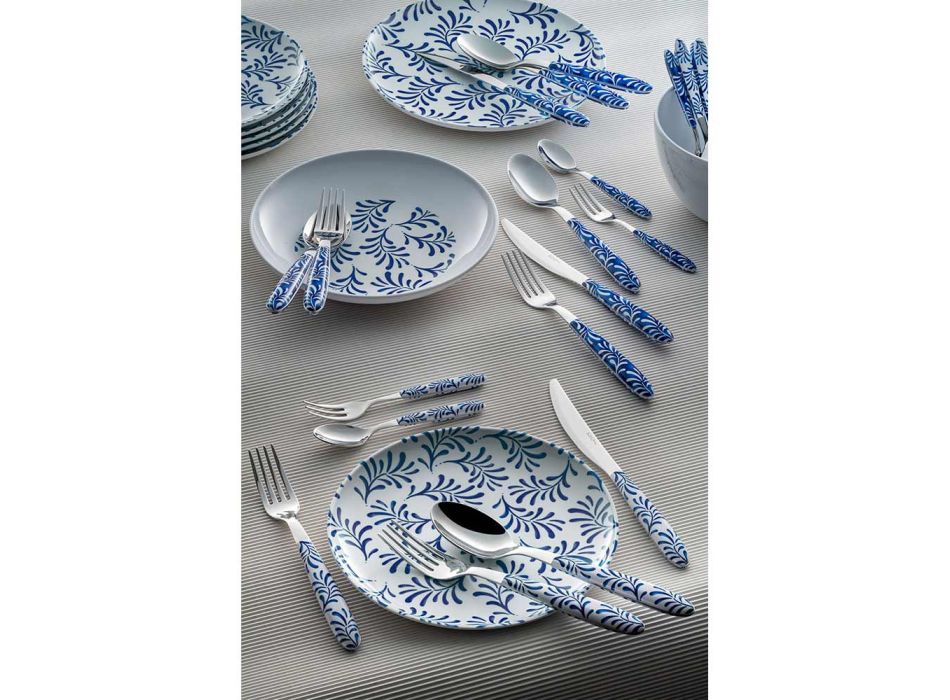 Juego de Cubiertos de Acero y Plástico Decoración Azul o Blanco 24 Piezas - Alessandra Viadurini