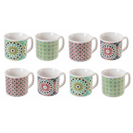 Servicio de tazas de desayuno en porcelana de colores y decoraciones, 8 piezas - Graneros Viadurini