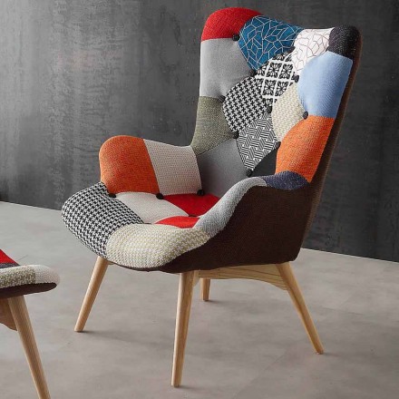 Juego de 2 sillones patchwork multicolor con patas de madera maciza Veronica Viadurini