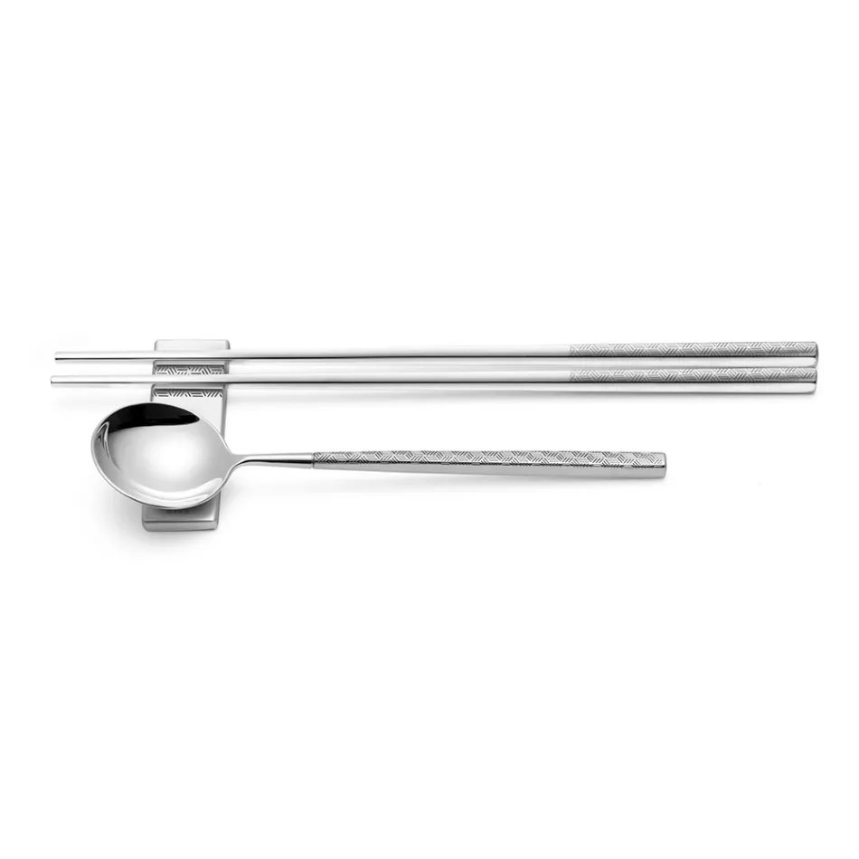 Set compuesto por cuchara de fruta, palillos y soporte para cubiertos con origami - Osaka Viadurini