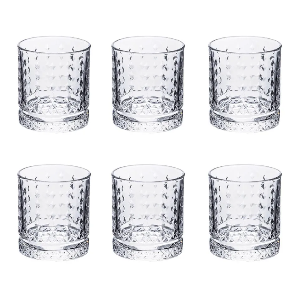 Set de 12 Vasos de Agua de 400 ml en Vidrio con Adornos de Diamantes - Wisky Viadurini