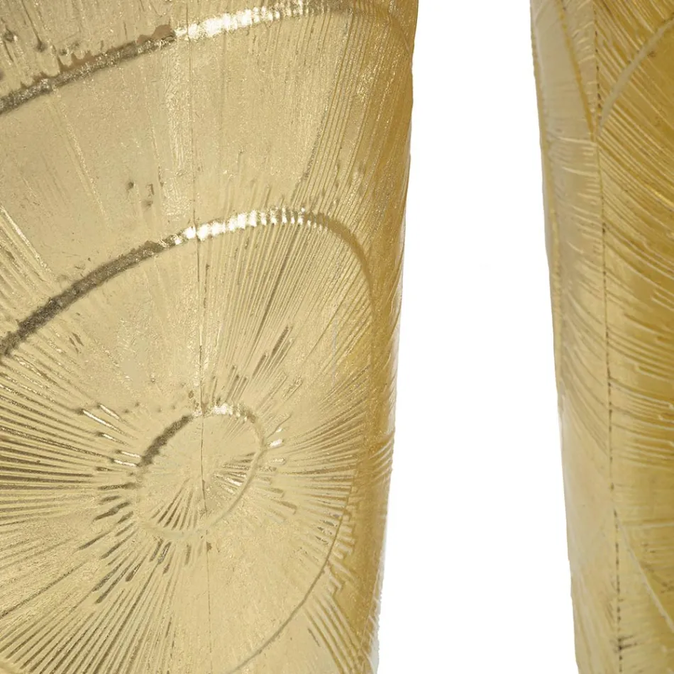 Juego de 3 jarrones de hierro dorado con decoraciones circulares en relieve - Walter Viadurini