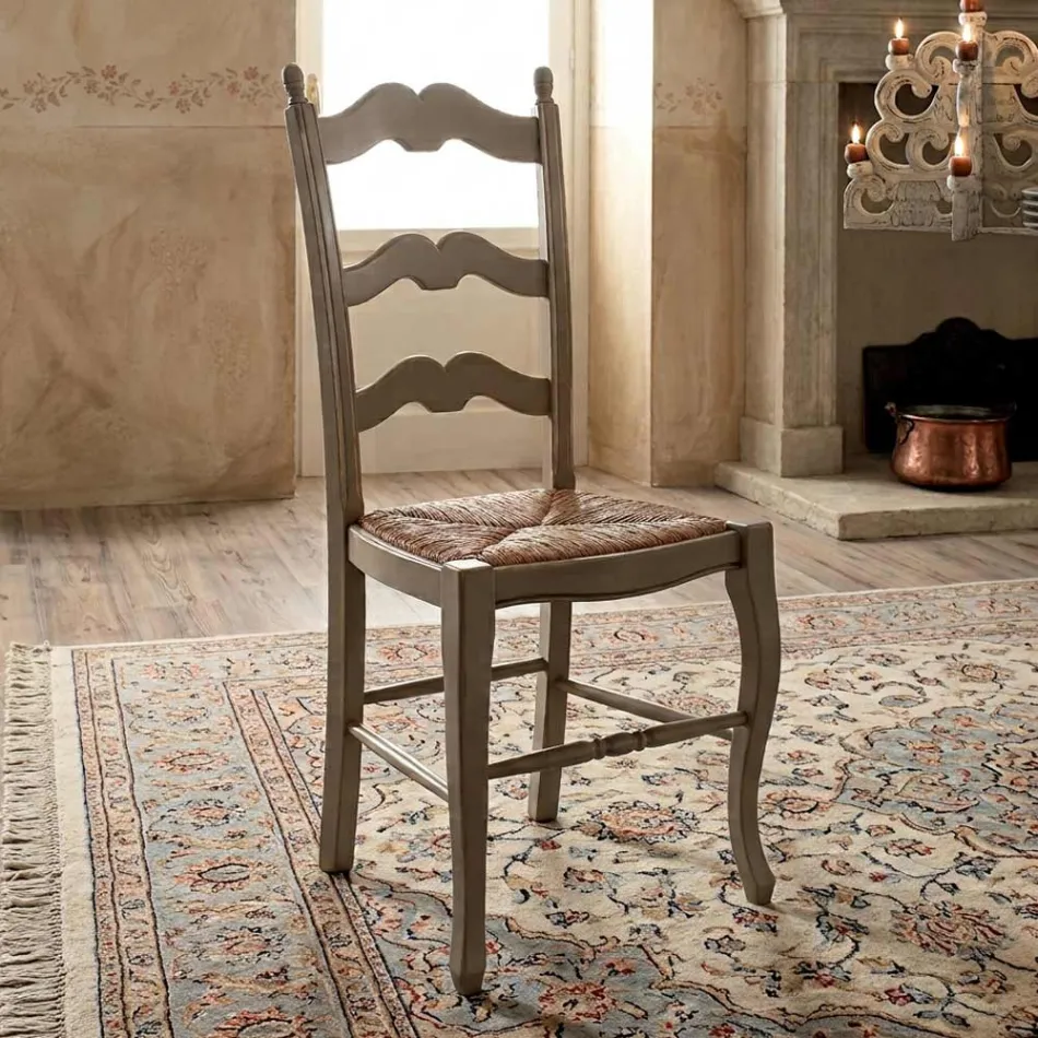 Juego de 4 sillas de madera color gris paloma y paja, fabricadas en Italia - Celestino Viadurini