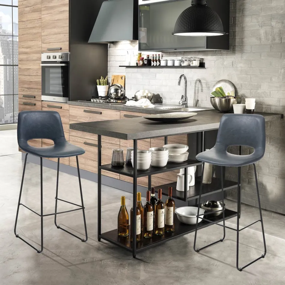 Taburete alto de cocina en cuero sintético y metal negro 2 piezas - Yuri Viadurini