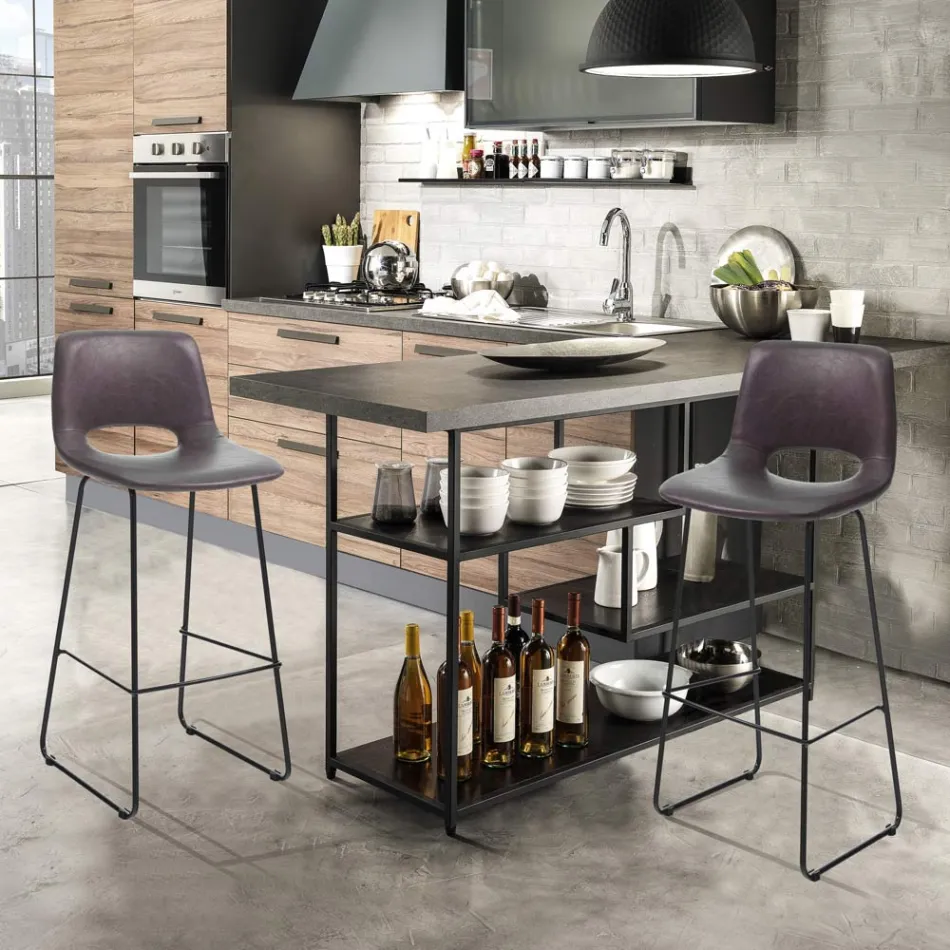 Taburete alto de cocina en cuero sintético y metal negro 2 piezas - Yuri Viadurini