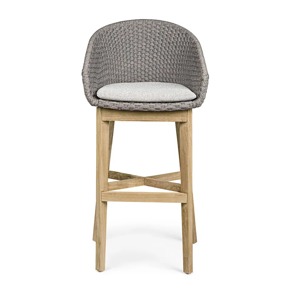 Taburete alto de exterior en cuerda y madera de teca, Homemotion, 2 piezas - Anitha Viadurini