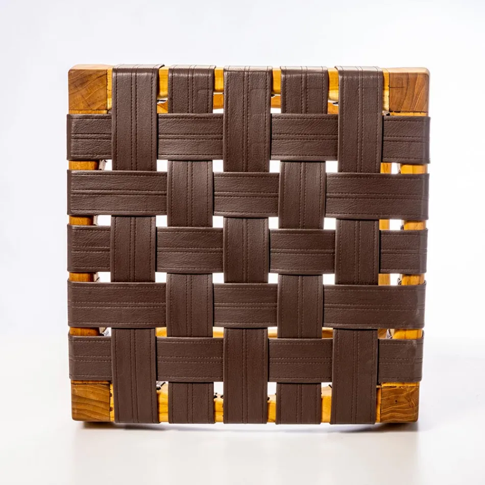 Taburete de baño de diseño de teca con asiento tejido - Yucca Viadurini