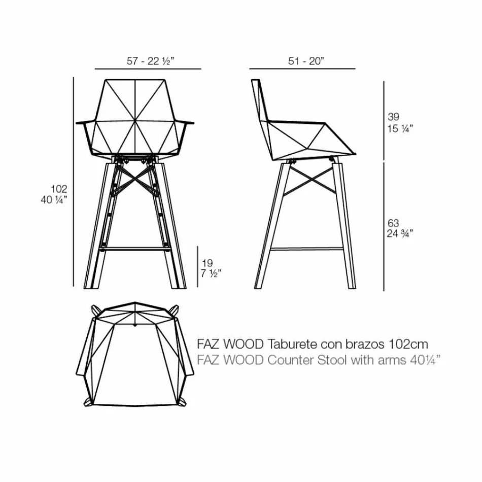Taburete de cocina con reposabrazos de madera y plástico - Faz Wood by Vondom Viadurini