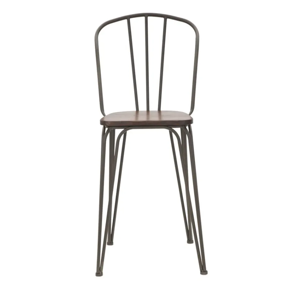 Taburete de diseño moderno estilo industrial en hierro y madera, 2 piezas - Erika Viadurini