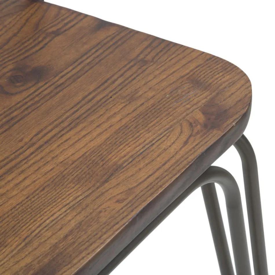 Taburete de diseño moderno estilo industrial en hierro y madera, 2 piezas - Erika Viadurini