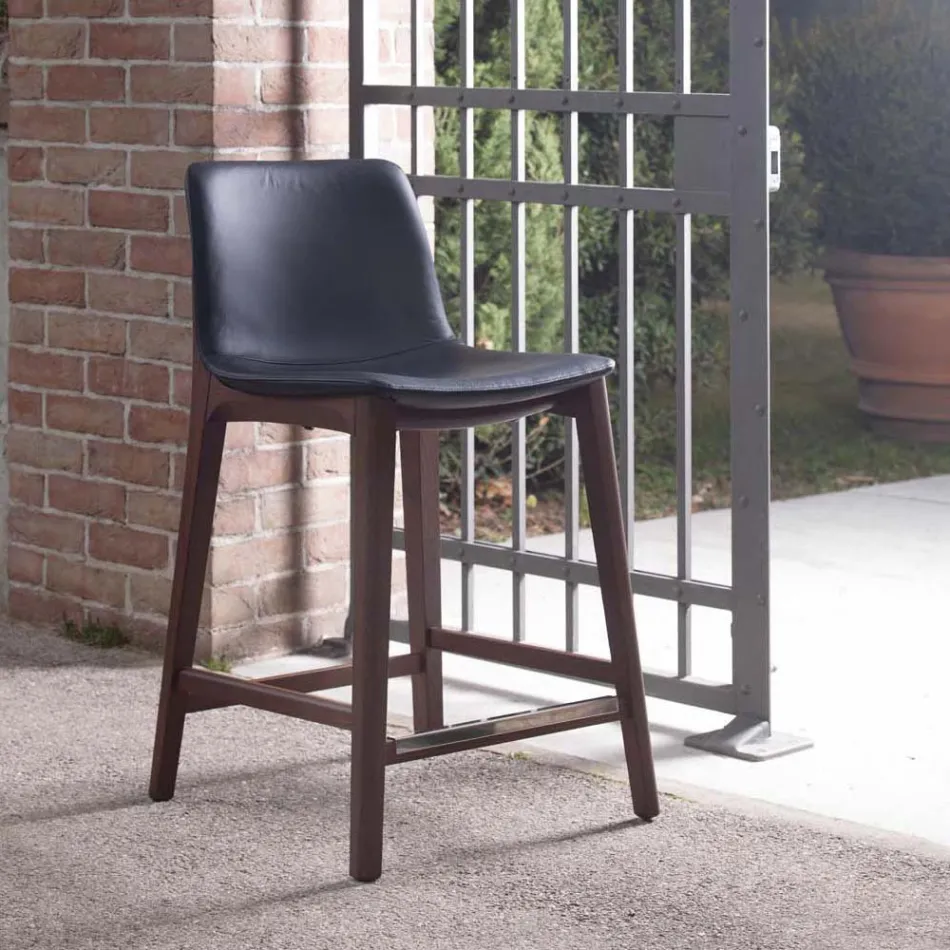 Taburete de cocina fijo de diseño en cuero y madera Made in Italy - Rocco Viadurini