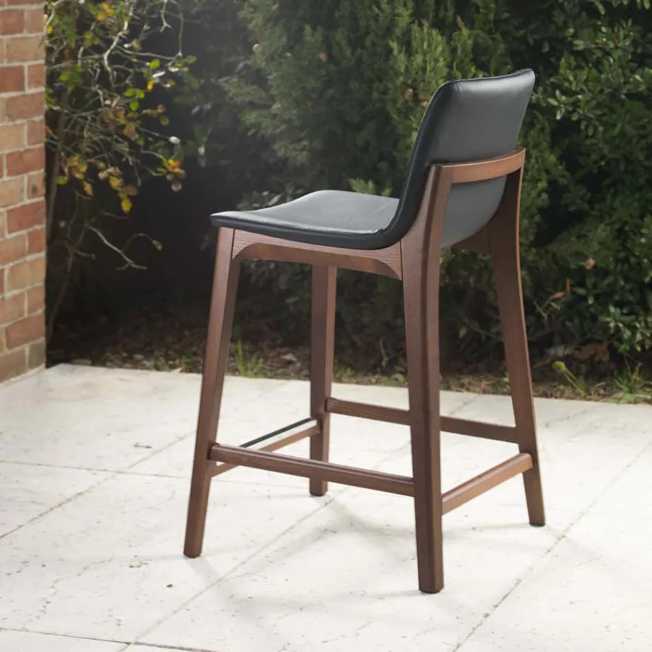 Taburete de cocina fijo de diseño en cuero y madera Made in Italy - Rocco Viadurini
