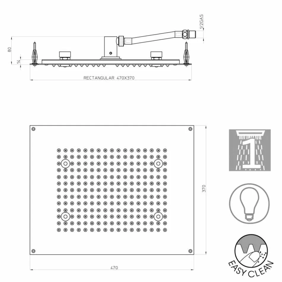 Cabezal de ducha Bossini rectangular a chorro con cromoterapia. Viadurini
