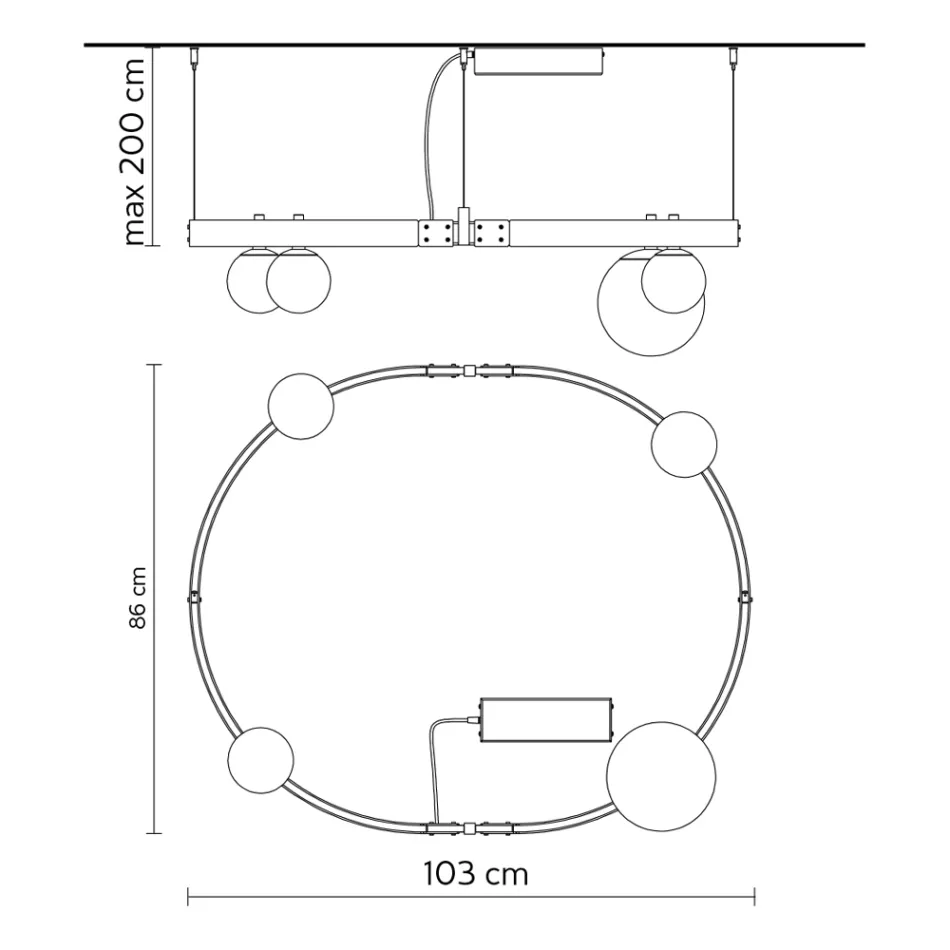 Suspensión de diseño ovalado en aluminio negro con esferas y focos - Exodus Viadurini