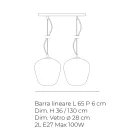 Lámpara colgante de dos luces con barra lineal en vidrio y metal, fabricada en Italia - Elisia Viadurini