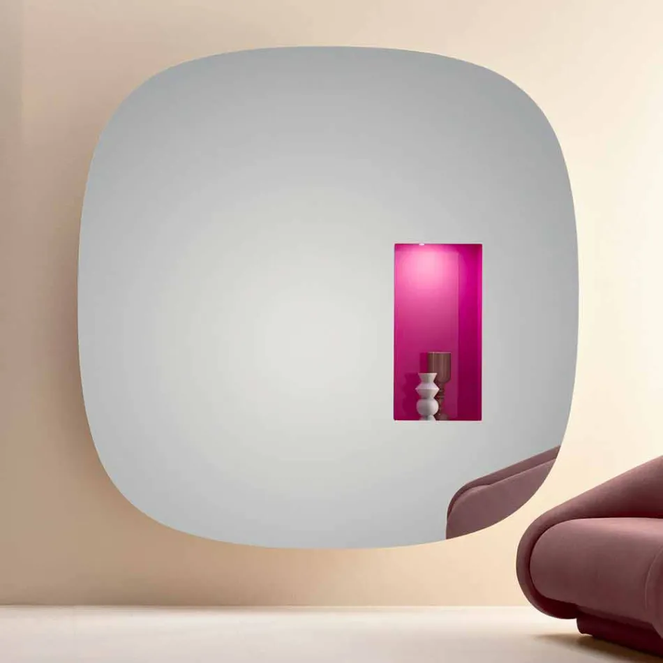 Espejo de pared con luz led y compartimento rosa para sala de estar de diseño minimalista - Matrix Viadurini