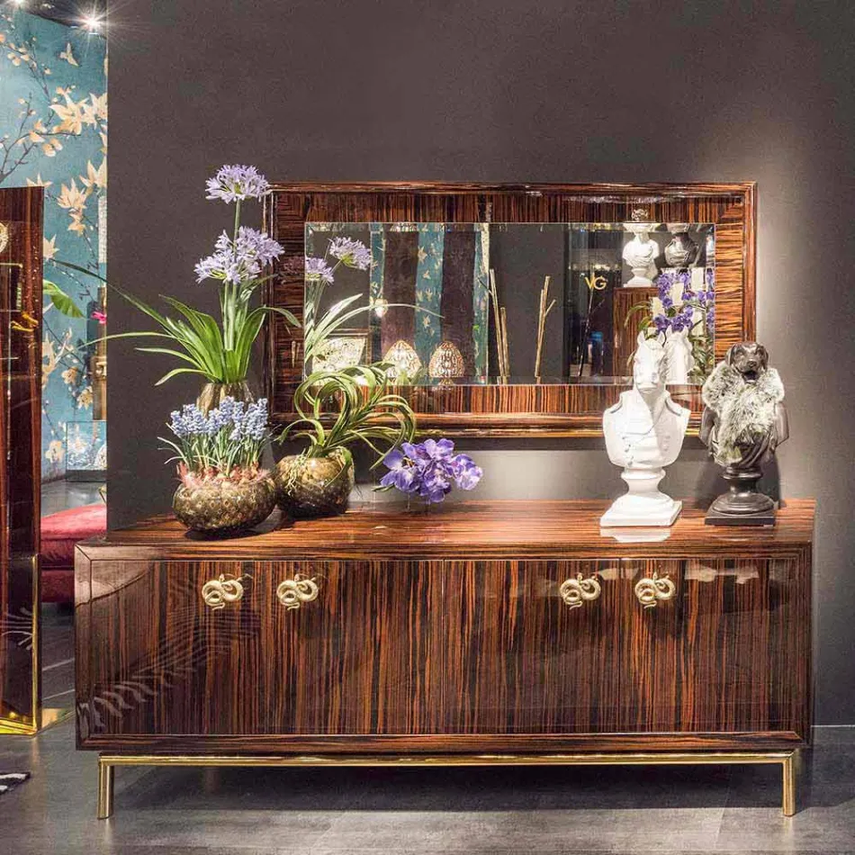 espejo biselado de la pared de ébano pulido y metal Ada 1 Viadurini