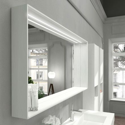 Espejo de pared para baño con luz LED y marco de madera Made in Italy - Geppio Viadurini