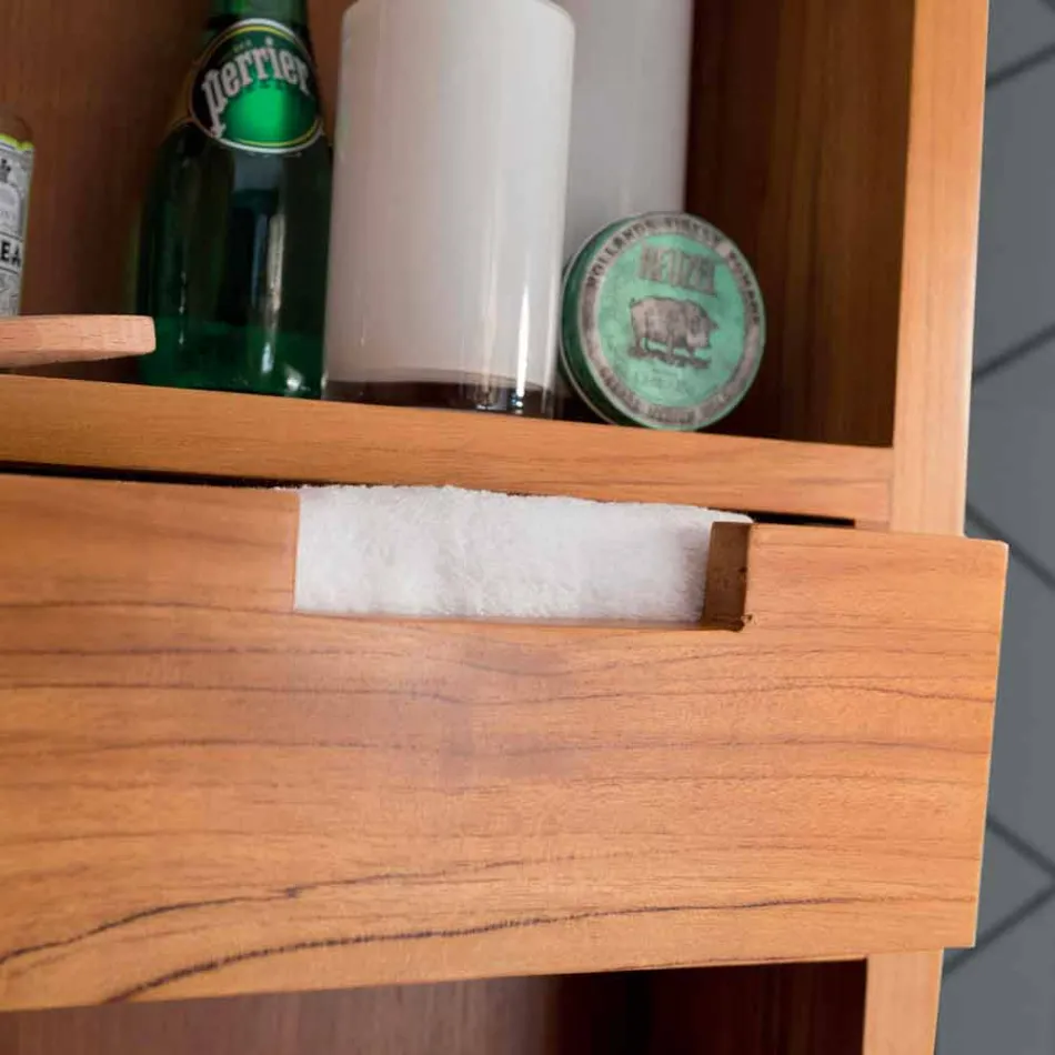 Espejo de pared de teca con estantes y cajones internos - Ralio Viadurini