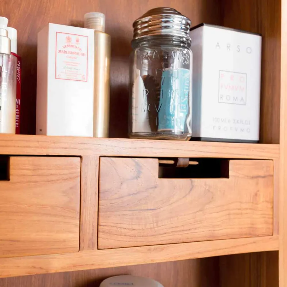 Espejo de pared de teca con estantes y cajones internos - Ralio Viadurini