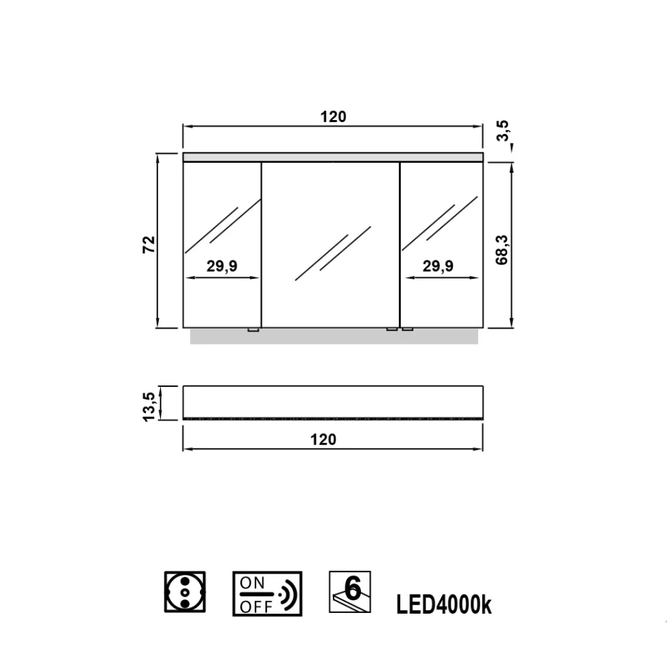armario con espejo de iluminación LED con 3 puertas, diseño moderno, Carol Viadurini
