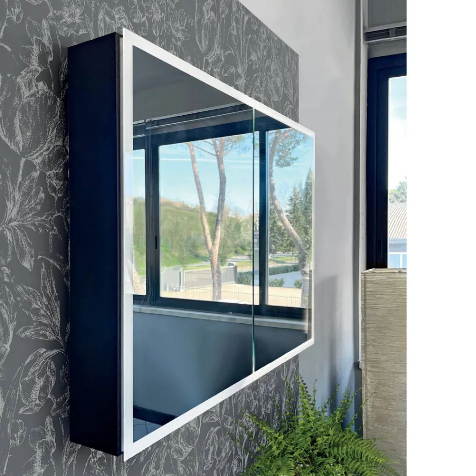 Contenedor de espejo de madera con espejo doble y luces Made in Italy - Darwin Viadurini