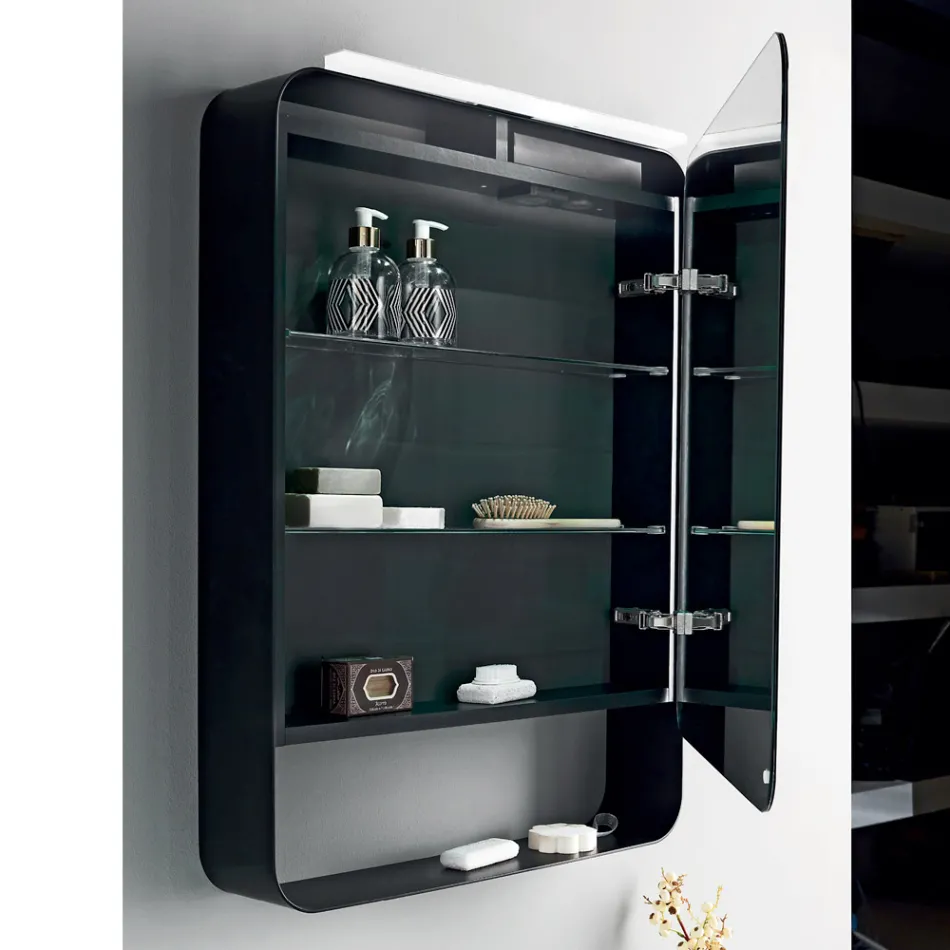 Contenedor de espejo de metal con puerta de doble espejo y luces Made in Italy - Jane Viadurini