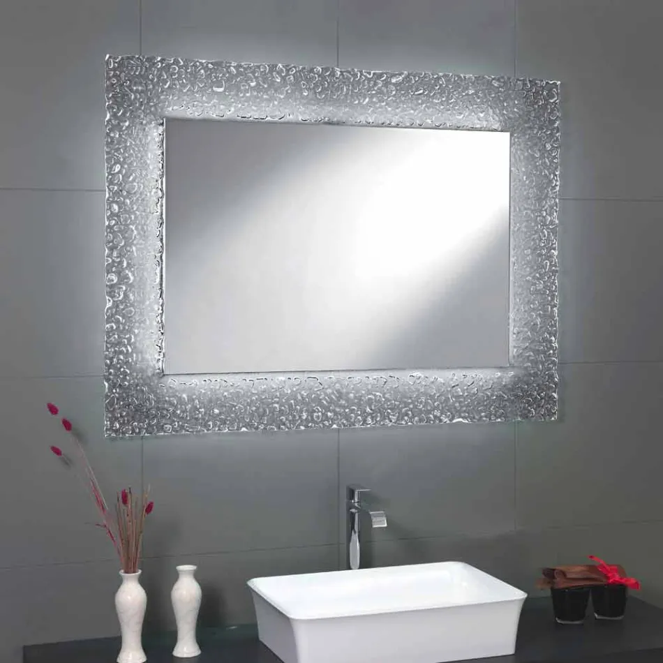 Espejo del baño moderno con marco de vidrio decorativo y luces LED Tara Viadurini