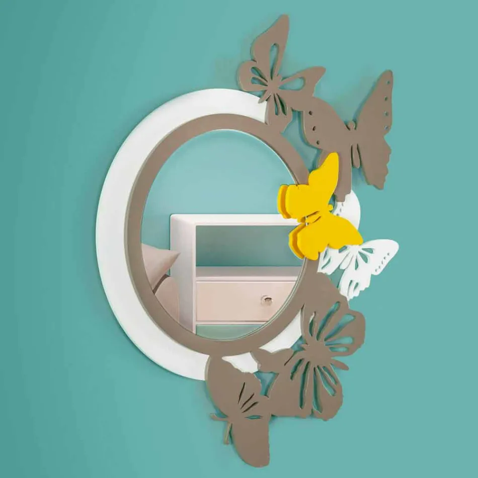 Espejo redondo de diseño moderno en madera coloreada con mariposas - Beat Viadurini