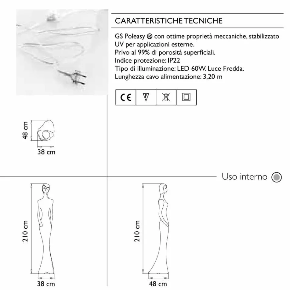 Diseño de piso de estatua luminosa con luz LED para interior - Penelope by Myyour Viadurini