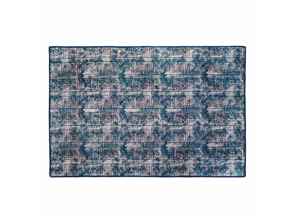 Alfombra Kilim rectangular de algodón azul con patchwork de colores - Fibra Viadurini