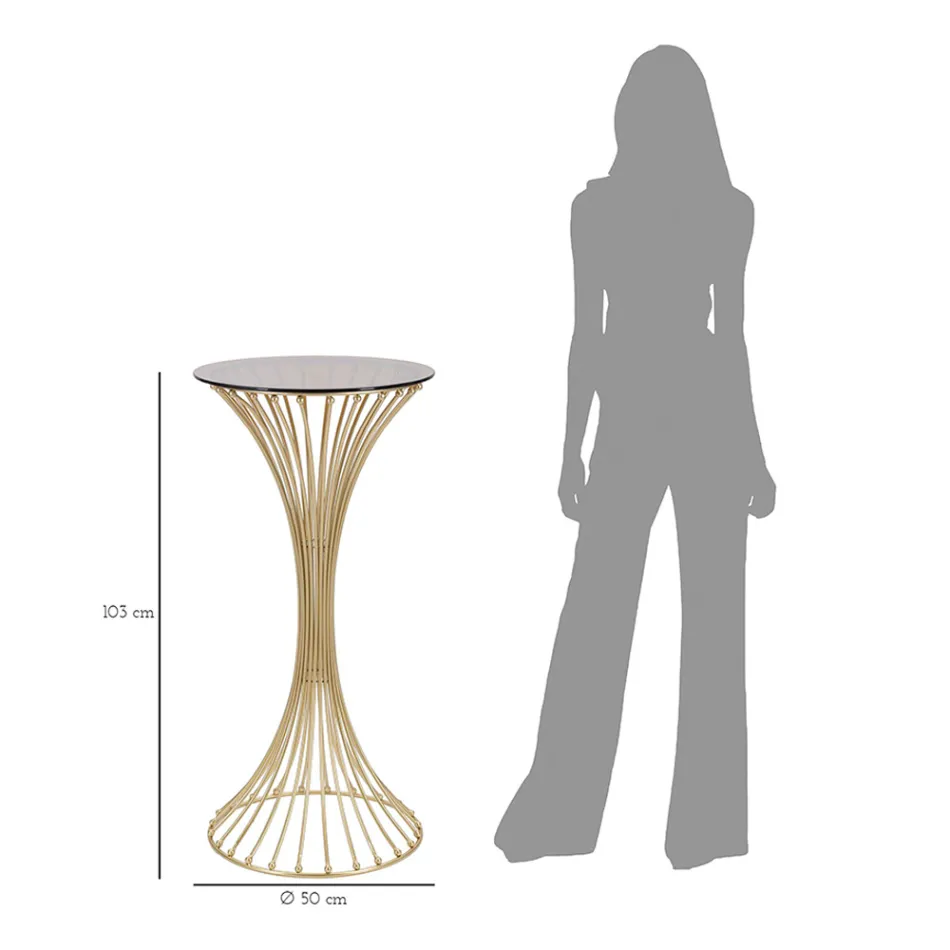 Mesa de centro alta redonda de hierro dorado con esferas y tapa de cristal ahumado - Dexter Viadurini