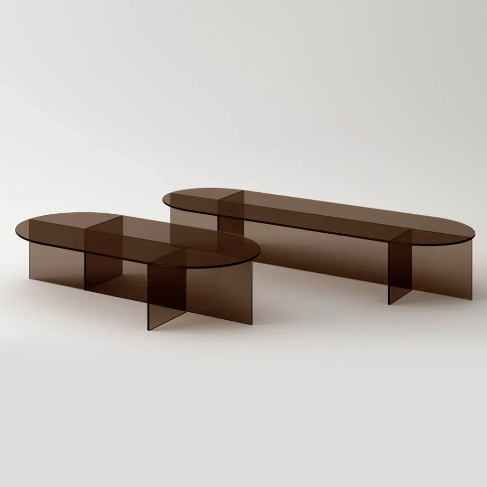 Mesa de centro Laris de cristal bronce con un diseño refinado, fabricada en Italia. Viadurini