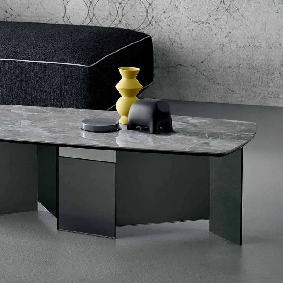 Mesa de centro baja Sala de estar Tapa de cerámica y patas de vidrio ahumado 3 Tamaños - Aleatorio Viadurini