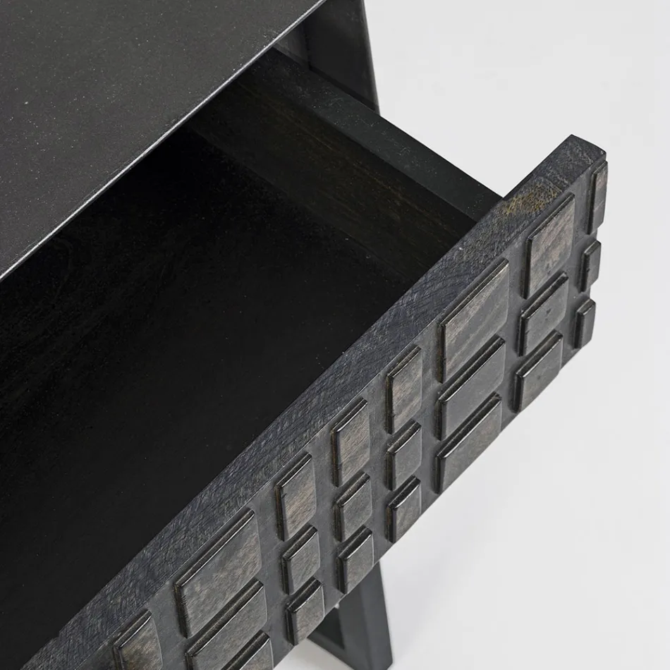 Mesita de noche en acero y madera de mango de diseño étnico - Mireo Viadurini