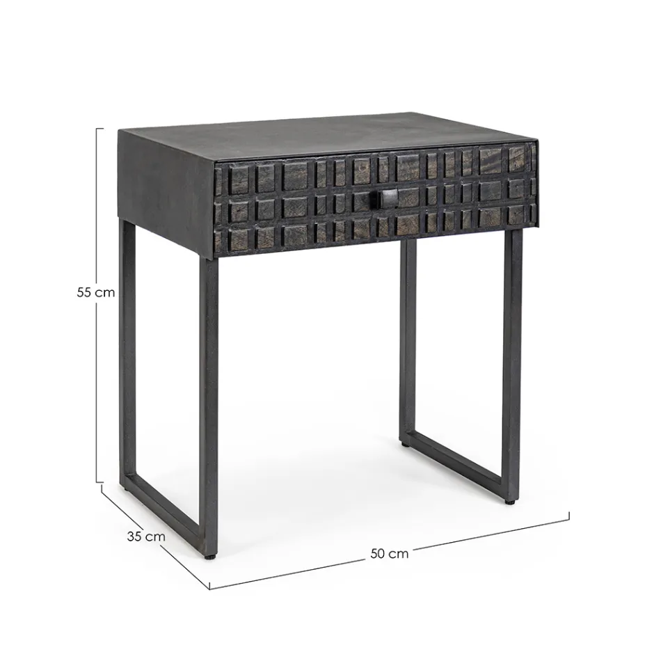 Mesita de noche en acero y madera de mango de diseño étnico - Mireo Viadurini