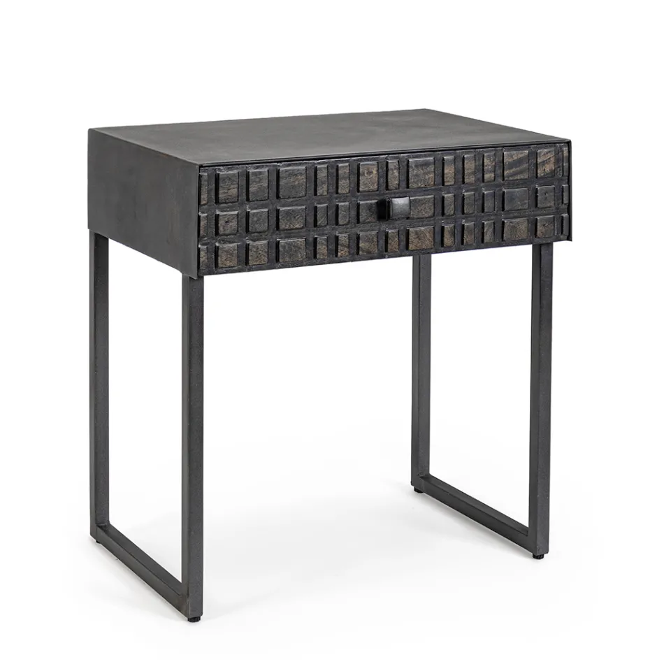 Mesita de noche en acero y madera de mango de diseño étnico - Mireo Viadurini