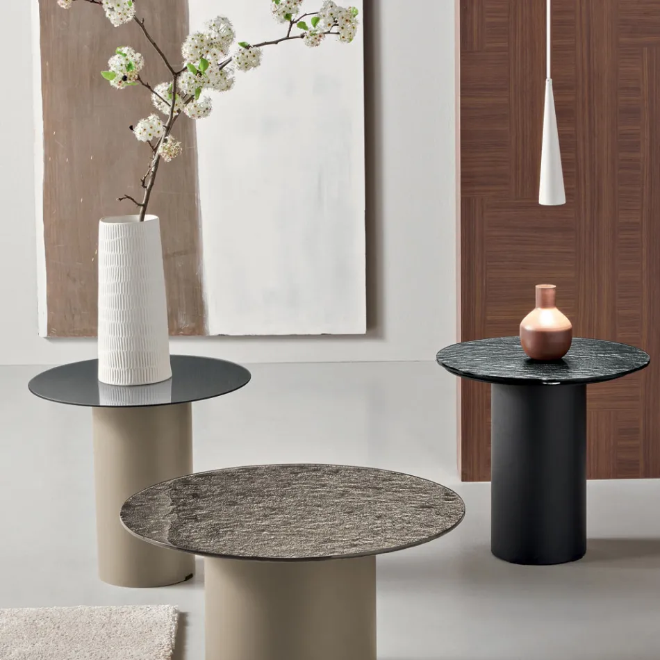 Mesa de centro con base metálica y tablero de espejo o cristal de Ø45 cm - Flaminia Viadurini