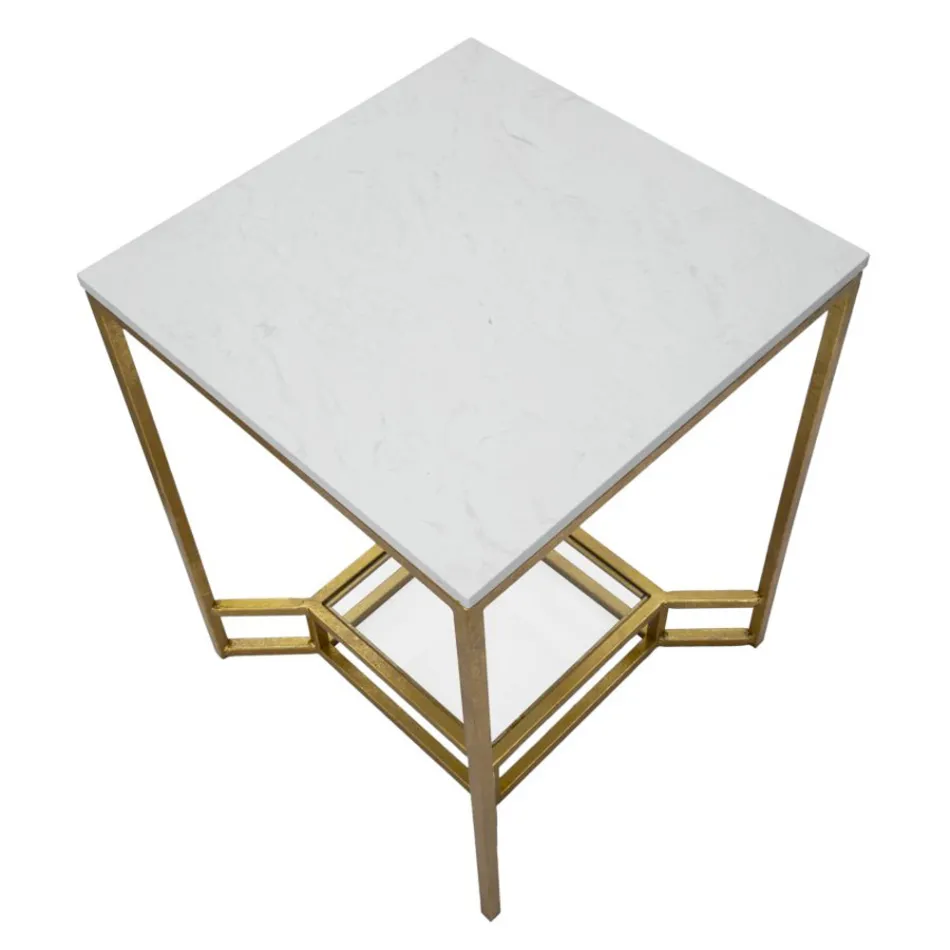 Mesa de centro Golden Square de hierro, resina blanca y vidrio - Tokio Viadurini