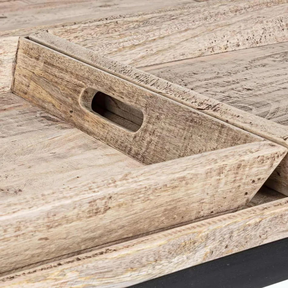 Mesa de centro en acero con bandeja en diseño de madera de mango - Cesira Viadurini