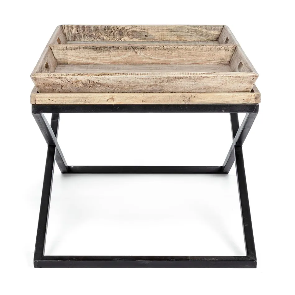 Mesa de centro en acero con bandeja en diseño de madera de mango - Cesira Viadurini