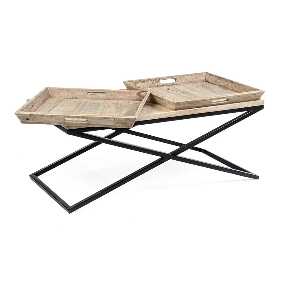 Mesa de centro en acero con bandeja en diseño de madera de mango - Cesira Viadurini