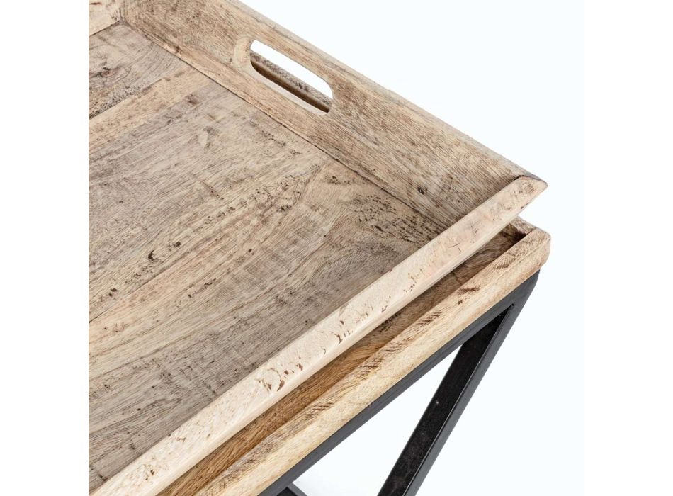 Mesa de centro en acero con bandeja en diseño de madera de mango - Cesira Viadurini